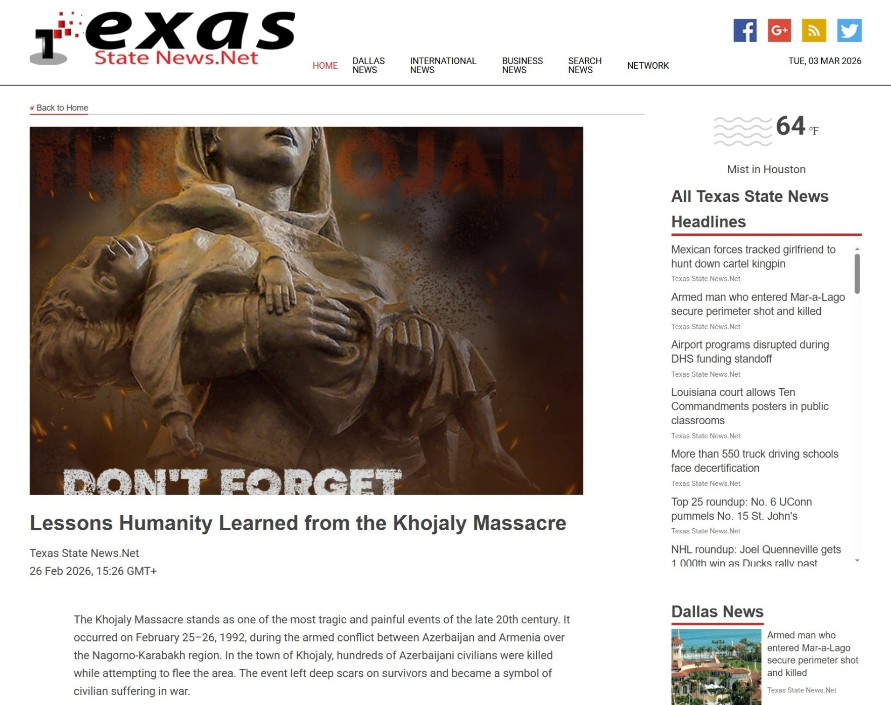 U.S. Texas media highlights tragedy of Khojaly Genocide
