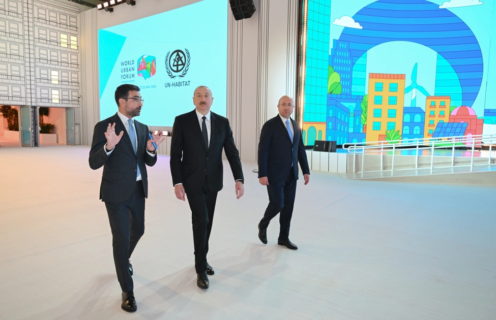 President Ilham Aliyev reviews work carried out in connection with WUF13 at Baku Olympic Stadium (PHOTO)