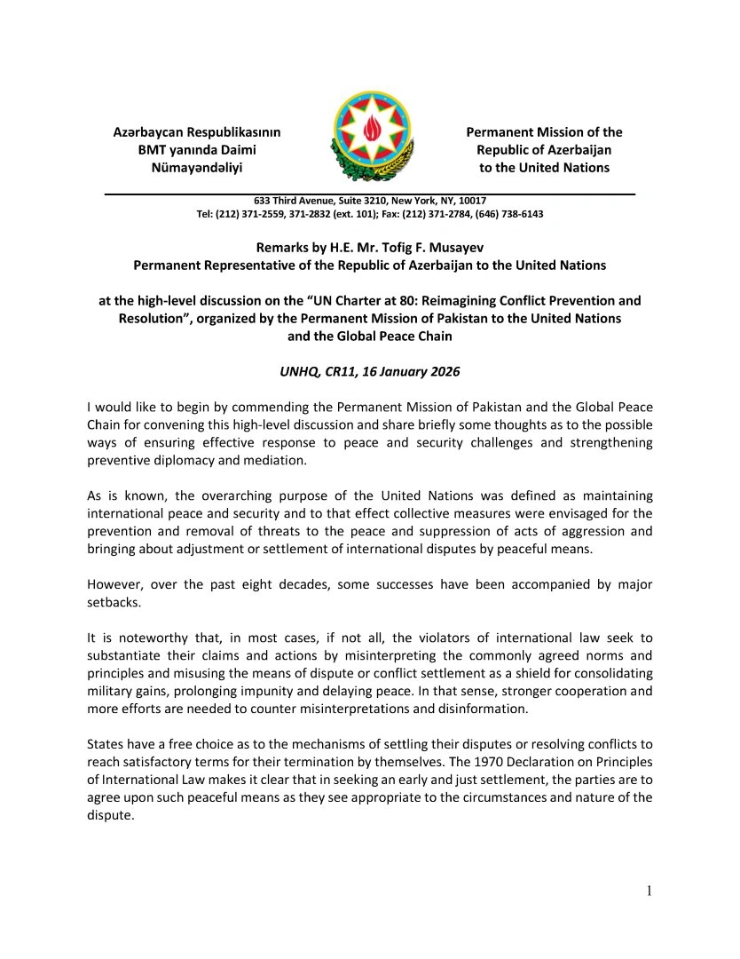Azerbaijan outlines its position on strengthening international peace and security at UN (PHOTO)
