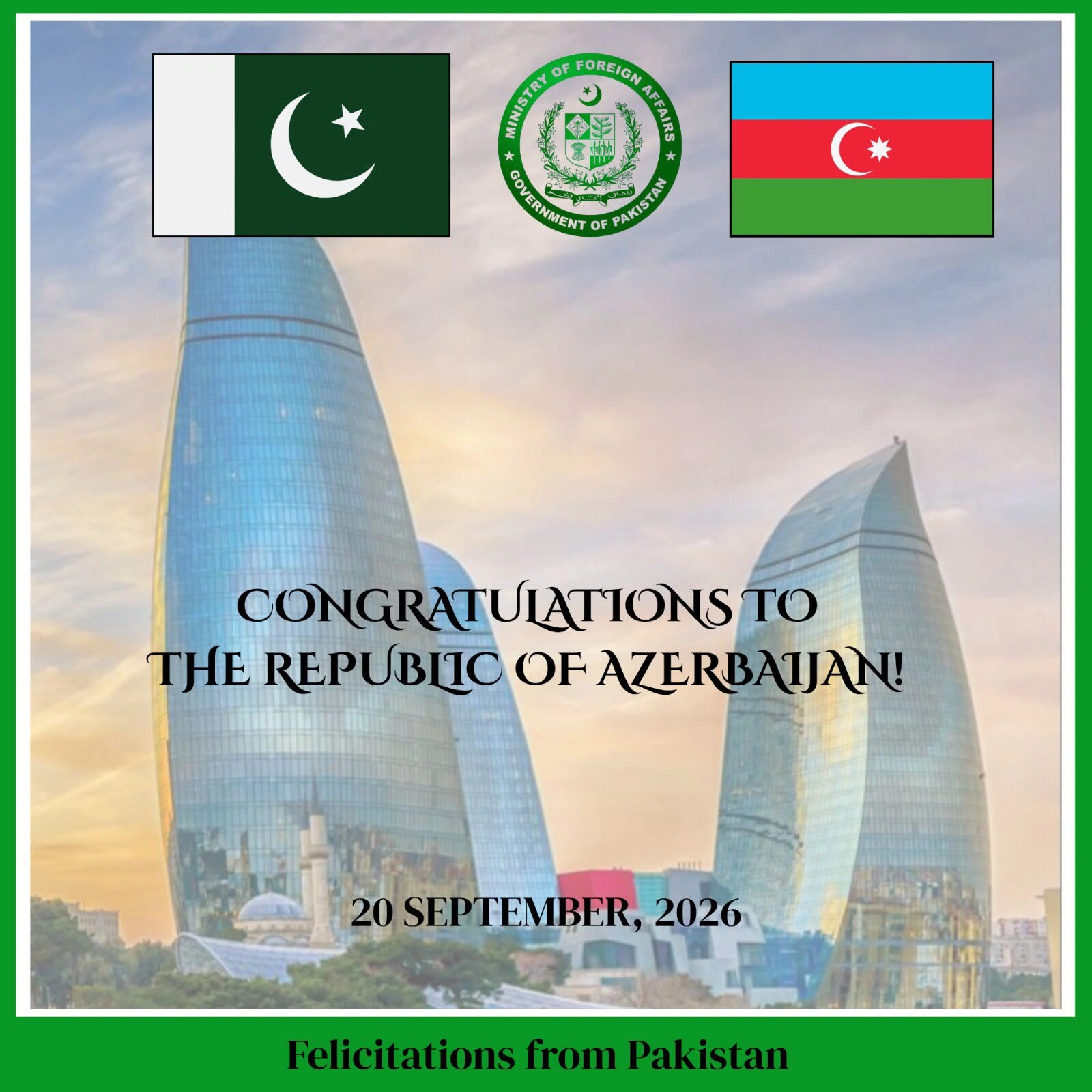Pakistan's Foreign Ministry congratulates Azerbaijan on State Sovereignty Day