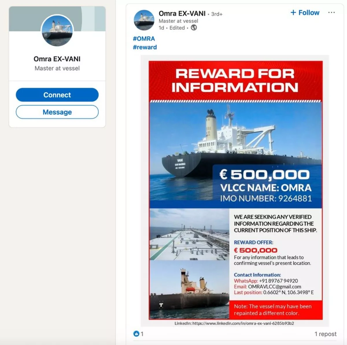 Reward offered for missing tanker linked to sanctioned oil trade PHOTO