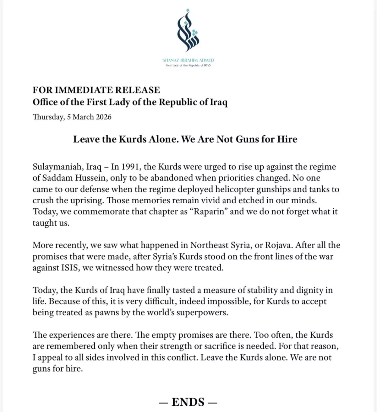 Iraq’s first lady urges US and Iran to “leave Kurds alone”