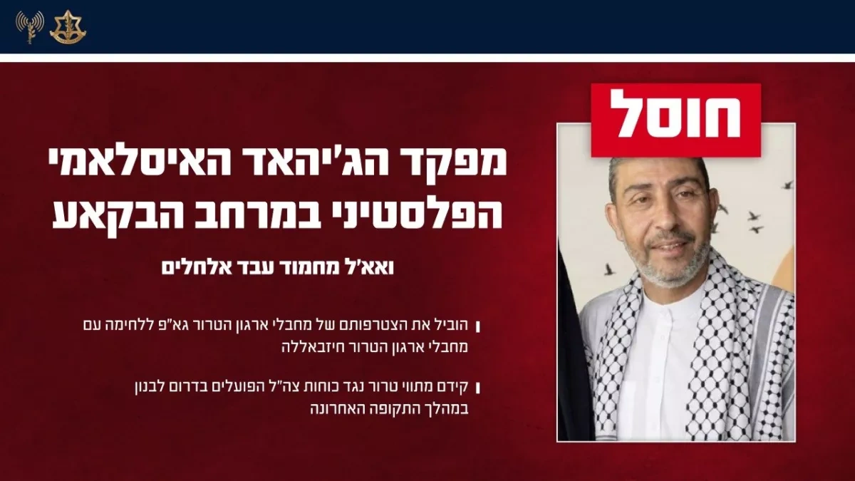 IDF confirms elimination of Islamic Jihad commander in Lebanon PHOTO