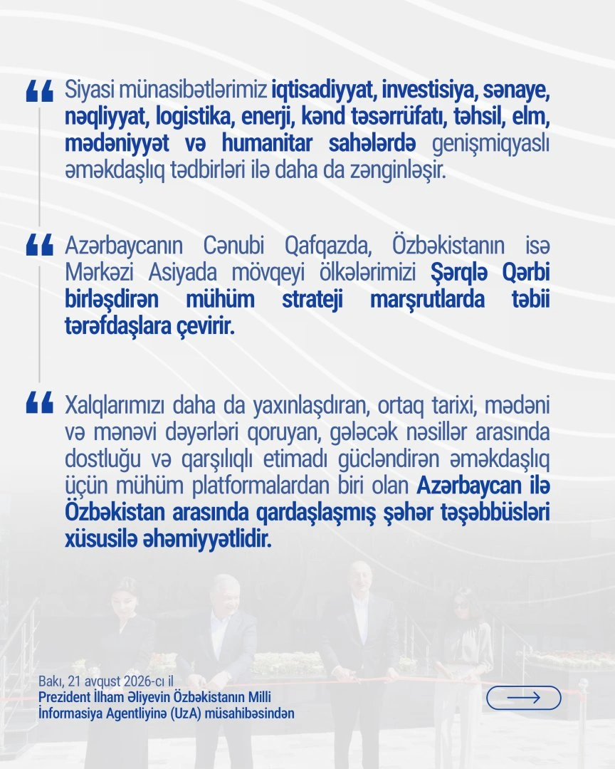 Publication about President Ilham Aliyev's interview with Uzbekistan National News Agency posted on his social media (PHOTO)