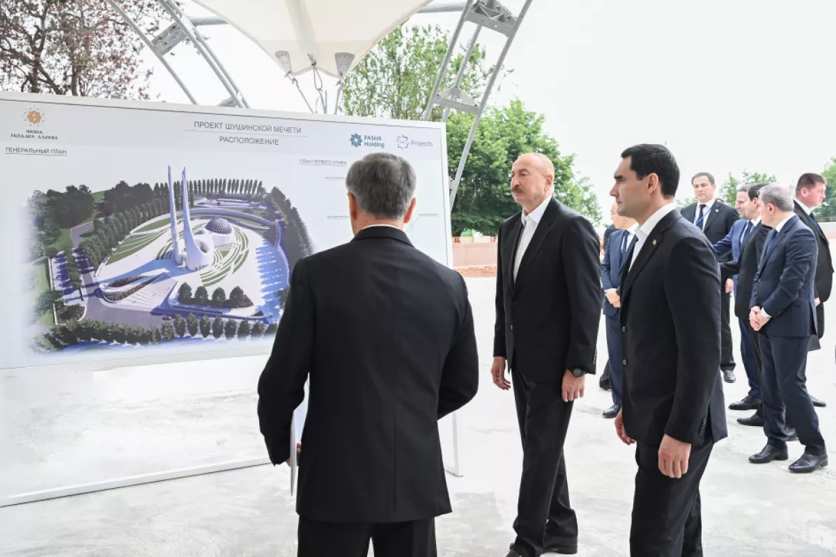 Azerbaijani, Turkmen presidents assess ongoing construction at Shusha mosque complex PHOTO