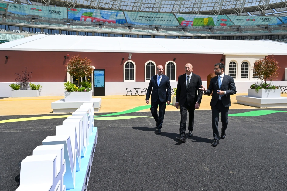President Ilham Aliyev reviews work carried out in connection with WUF13 at Baku Olympic Stadium (PHOTO)