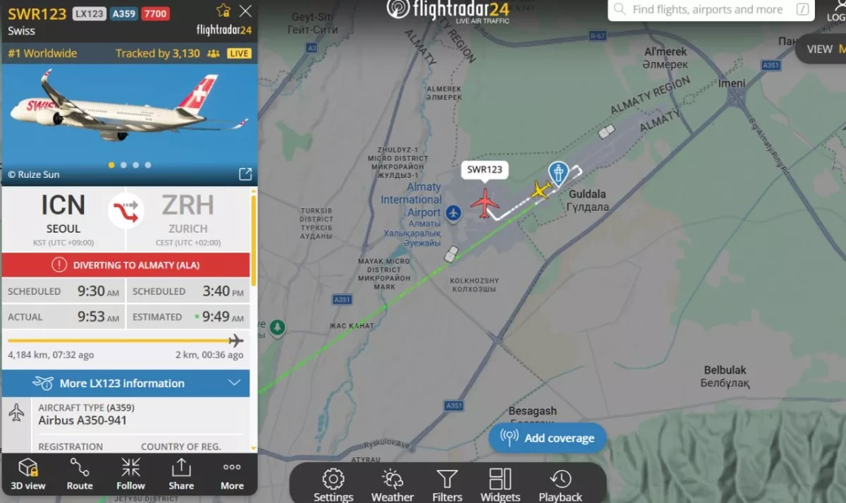 SWISS airbus A350 declares emergency, diverts to Almaty Photo