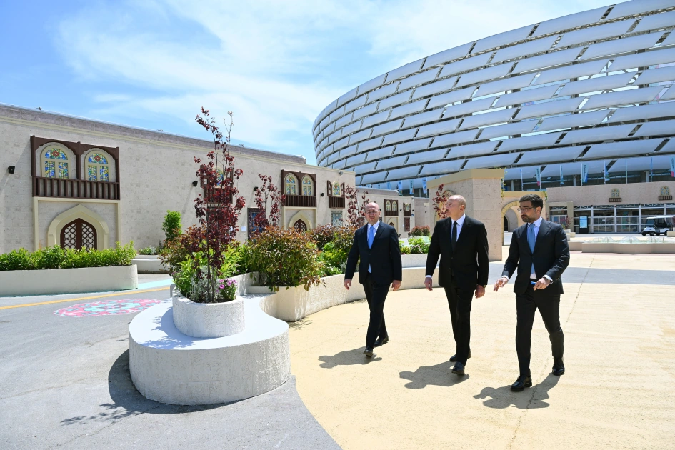 President Ilham Aliyev reviews work carried out in connection with WUF13 at Baku Olympic Stadium (PHOTO)