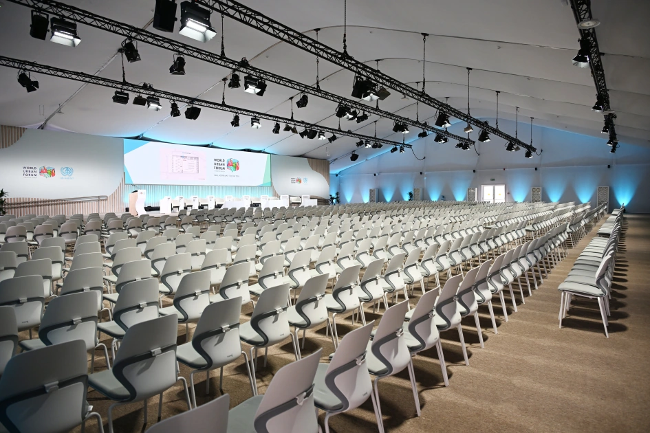 President Ilham Aliyev reviews work carried out in connection with WUF13 at Baku Olympic Stadium (PHOTO)