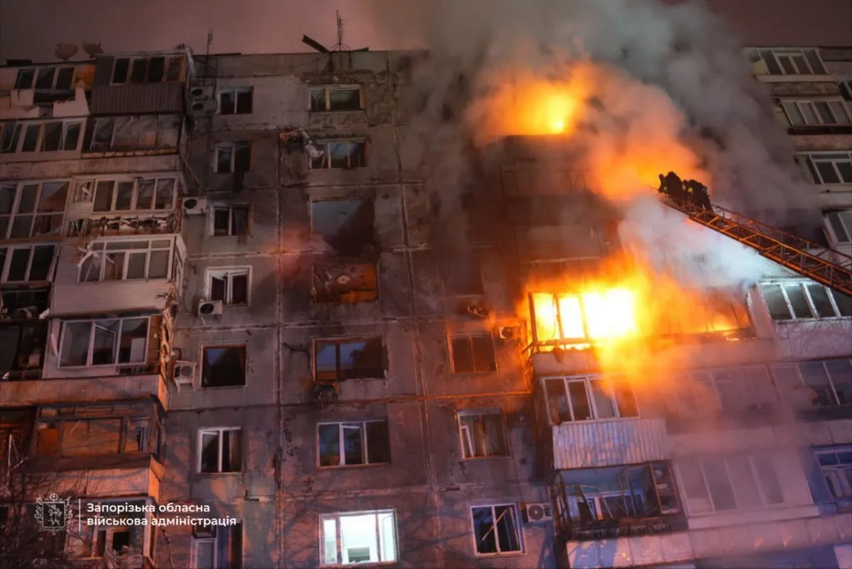 Drone attack on residential building in Zaporizhzhia sparks fire, injures civilians PHOTO/VIDEO