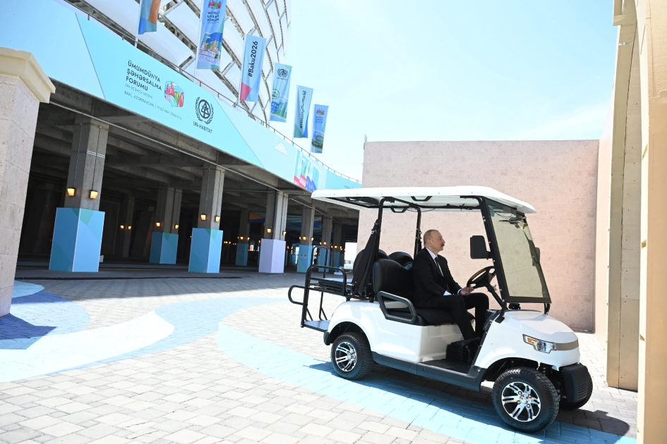 President Ilham Aliyev reviews work carried out in connection with WUF13 at Baku Olympic Stadium (PHOTO)