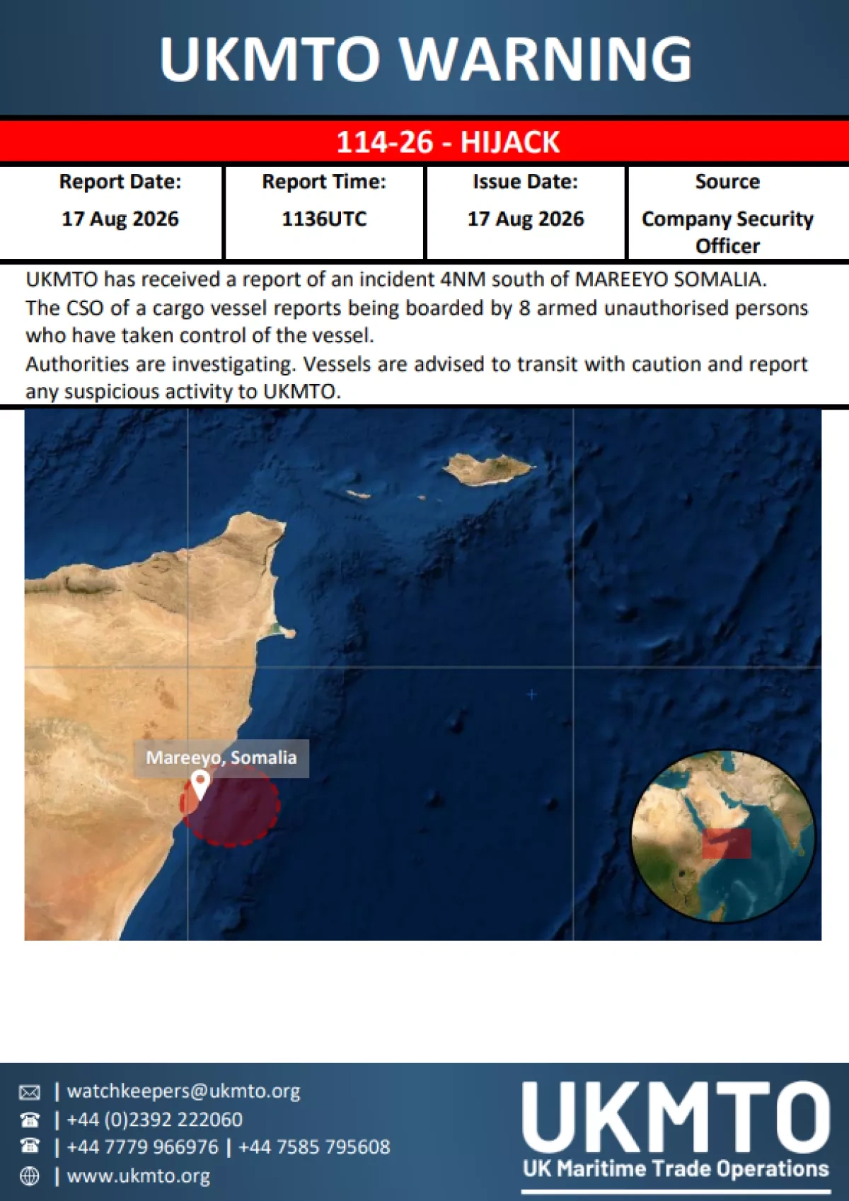 Armed attackers seize vessel off Somali coast, UKMTO reports PHOTO