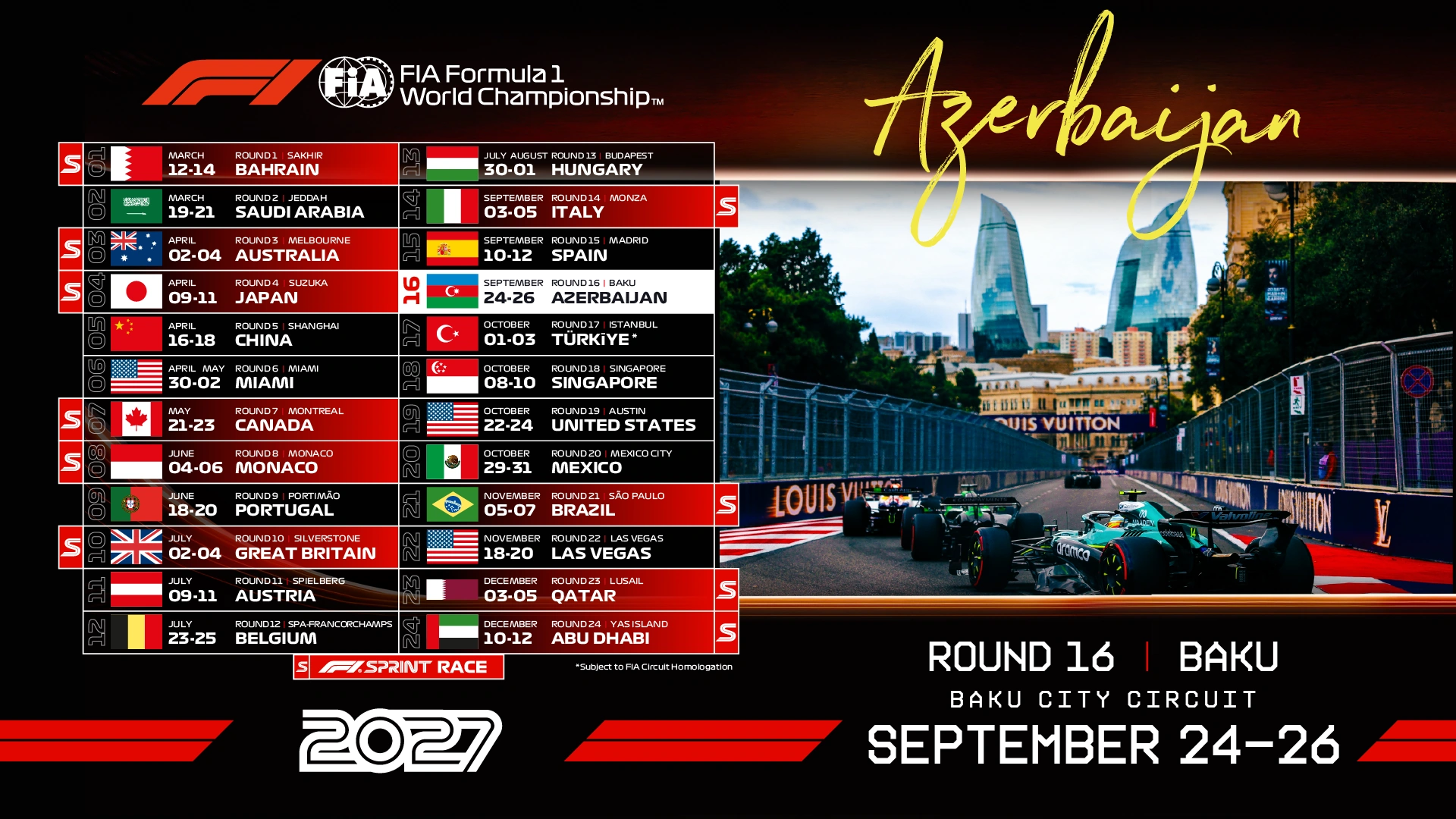 FIA confirms schedule date for Azerbaijan Formula 1 Grand Prix 2027