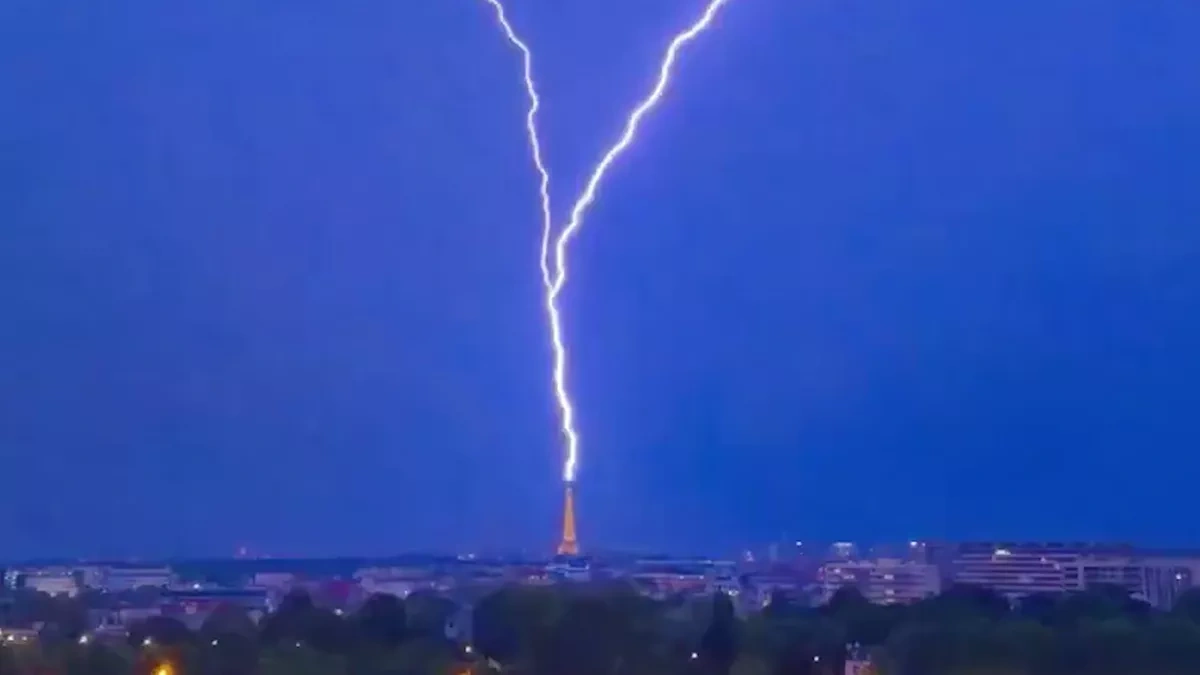 Lightning hits Eiffel Tower during severe storms across France