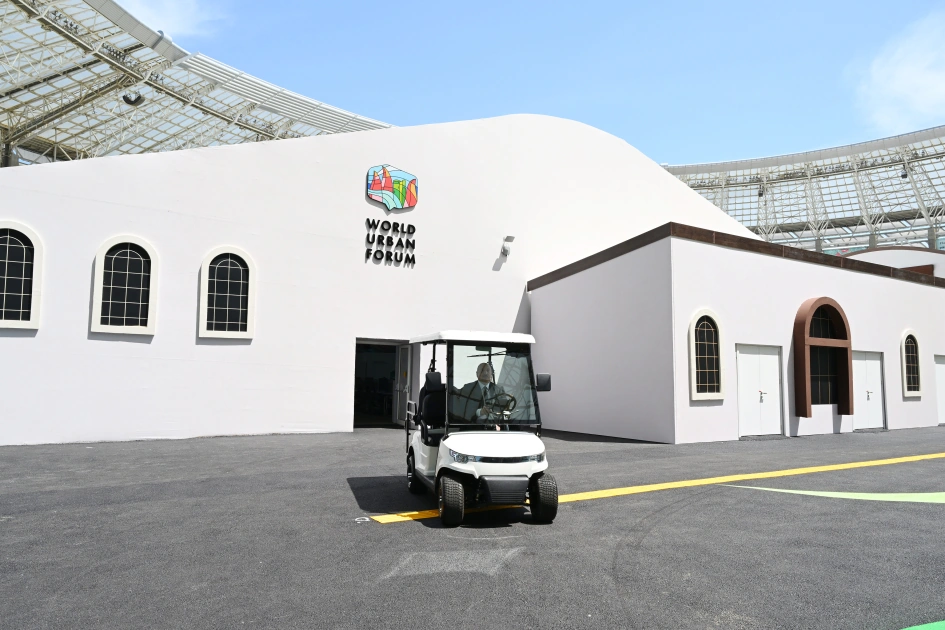 President Ilham Aliyev reviews work carried out in connection with WUF13 at Baku Olympic Stadium (PHOTO)