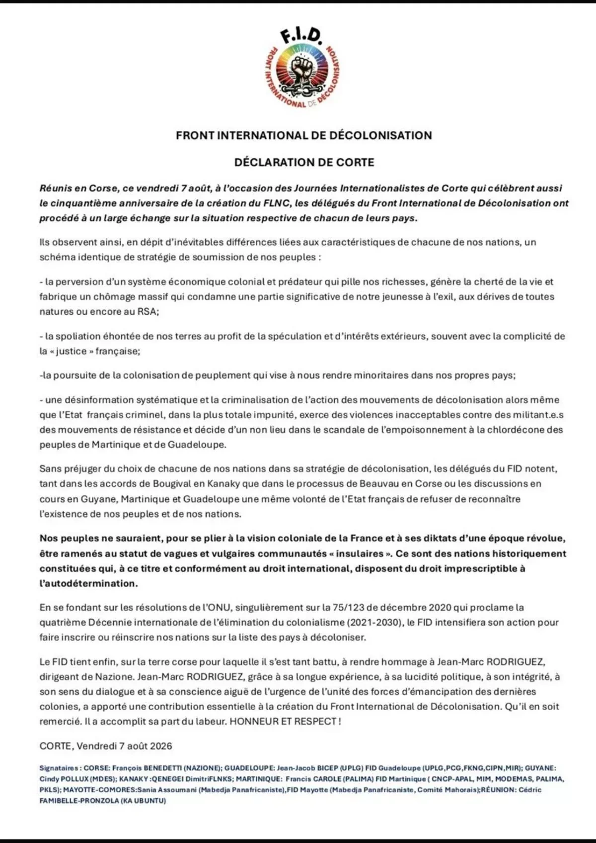 BIG: International Decolonisation Front adopts "Corte Declaration" in Corsica PHOTO
