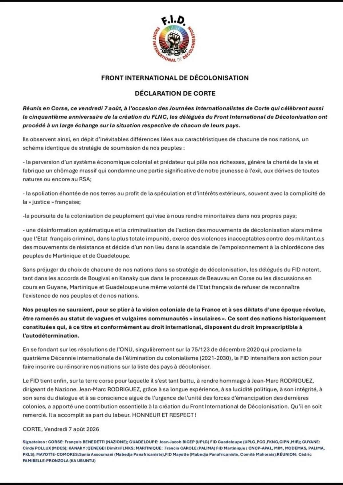 IDF adopts "Corte Declaration" against French colonial exploitation mechanisms (PHOTO)
