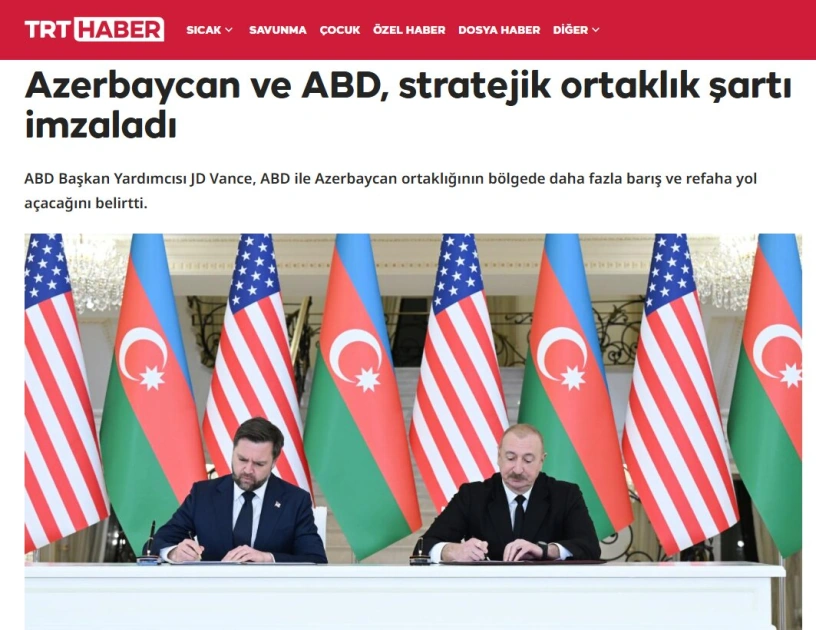 Signing of Azerbaijan-U.S. Strategic Partnership Charter in Turkish media spotlight (PHOTO)