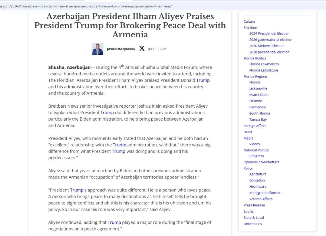 The Floridian highlights President Ilham Aliyev’s remarks on Trump’s role in peace process