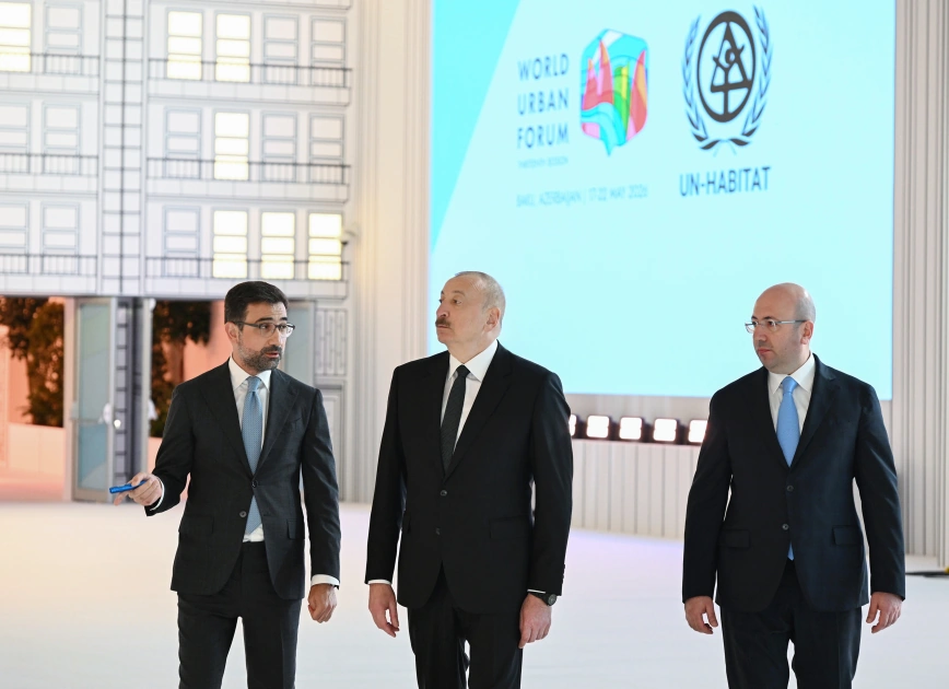 President Ilham Aliyev reviews work carried out in connection with WUF13 at Baku Olympic Stadium (PHOTO)