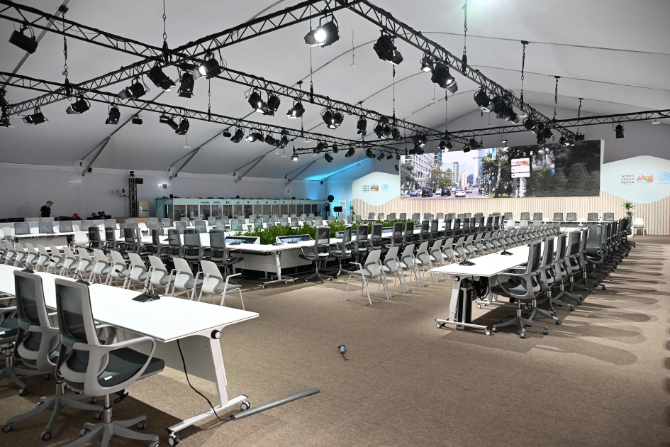 President Ilham Aliyev reviews work carried out in connection with WUF13 at Baku Olympic Stadium (PHOTO)