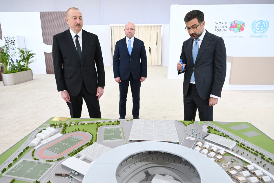 President Ilham Aliyev reviews work carried out in connection with WUF13 at Baku Olympic Stadium (PHOTO)