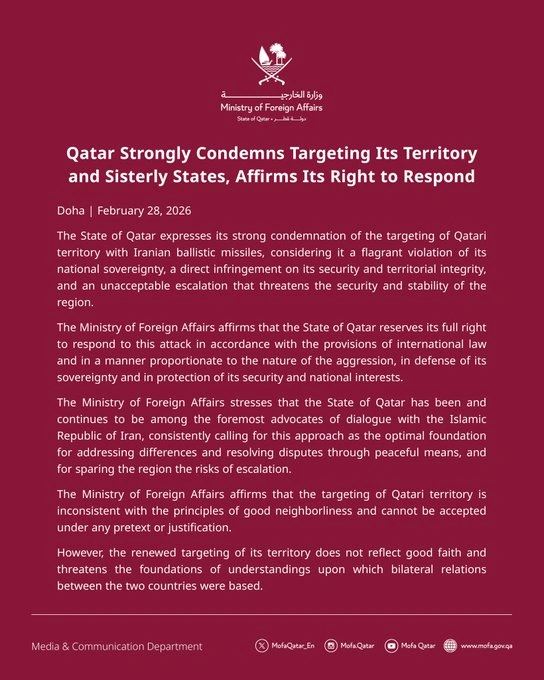 Qatar condemns Iranian missile attacks
