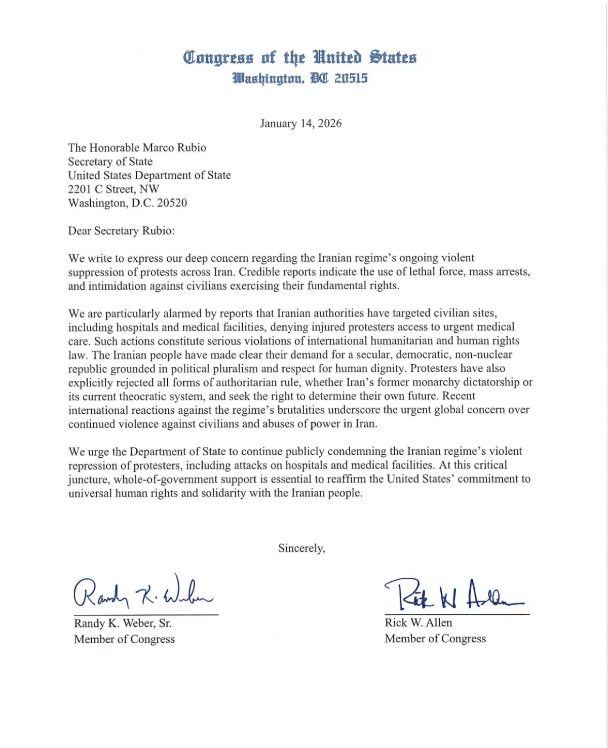 US Congress members urge support for protesters in Iran PHOTO
