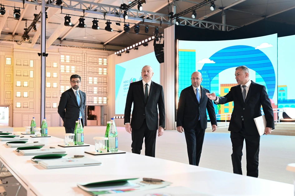 President Ilham Aliyev reviews work carried out in connection with WUF13 at Baku Olympic Stadium (PHOTO)