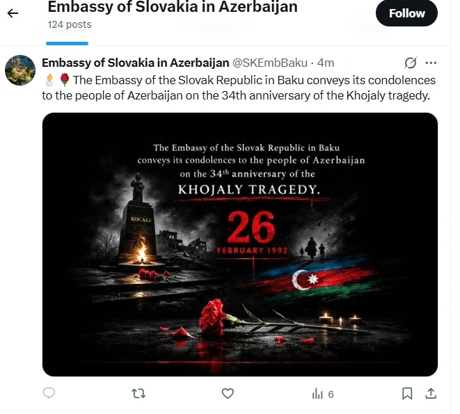 Slovak Embassy shares social media post on Khojaly genocide (PHOTO)
