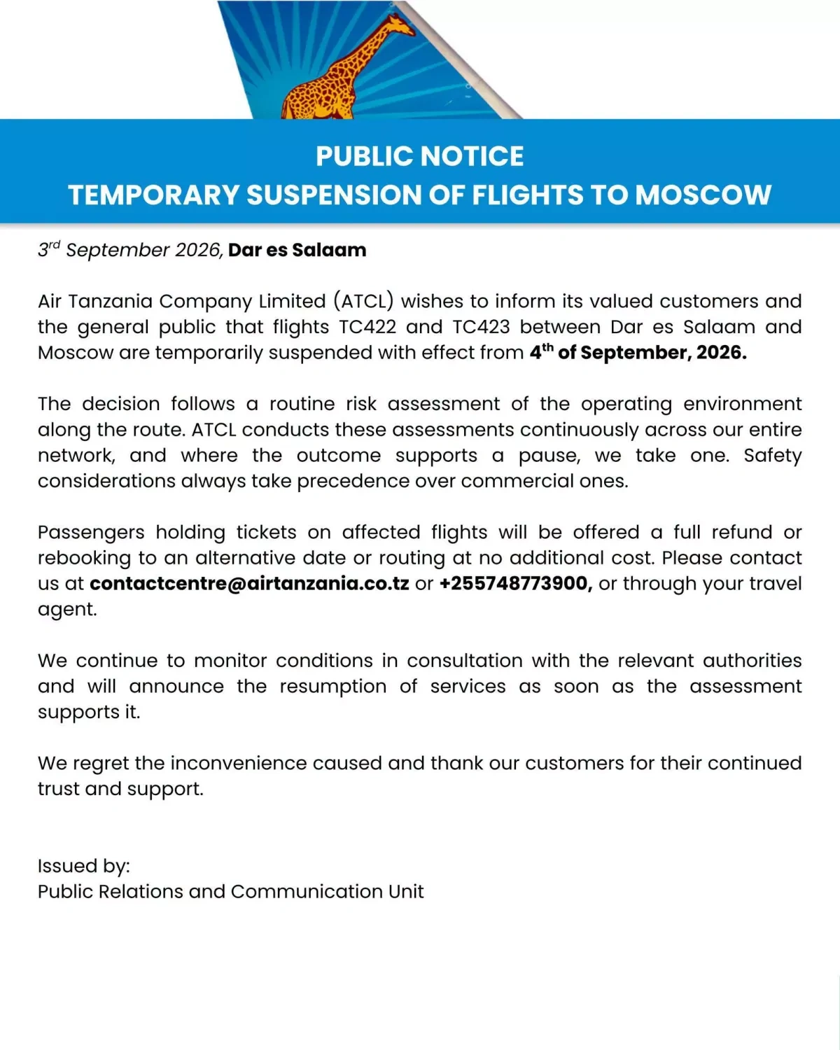 Air Tanzania suspends flights to Russia over safety concerns PHOTO