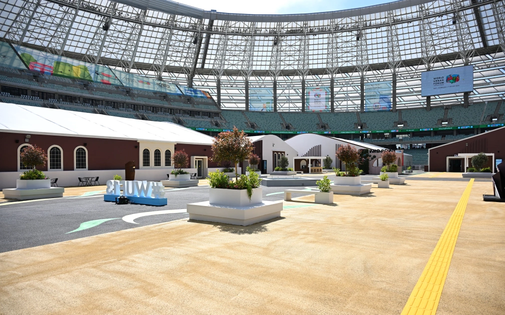 President Ilham Aliyev reviews work carried out in connection with WUF13 at Baku Olympic Stadium (PHOTO)