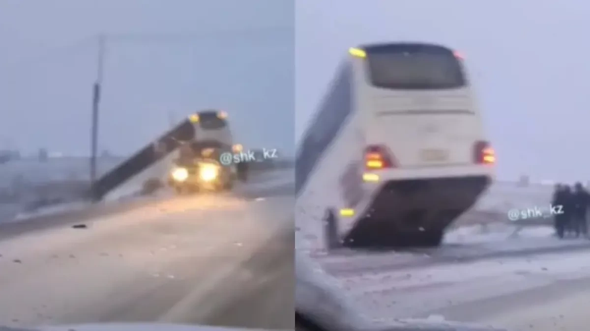 Bus with 50 passengers skids off road in Kazakhstan amid storm warning