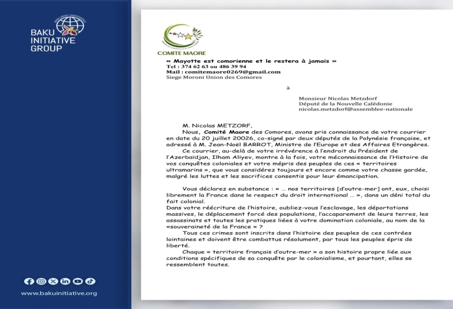 Maore Committee of Comoros addresses French MPs working against Azerbaijan