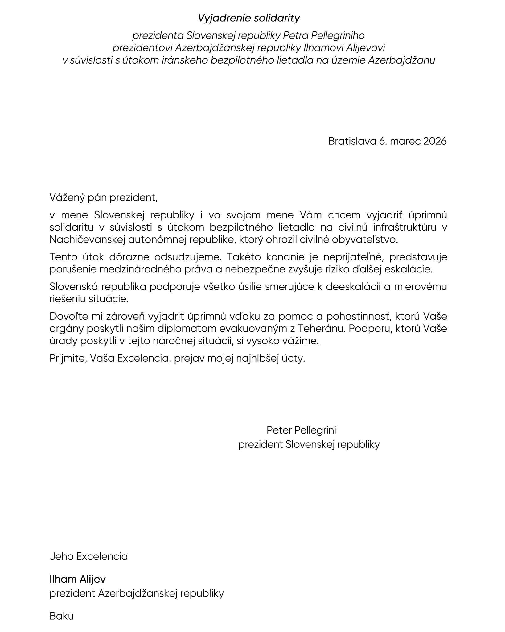President Ilham Aliyev expresses gratitude to President of Slovakia for his support and solidarity (PHOTO)
