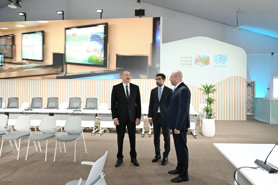 President Ilham Aliyev reviews work carried out in connection with WUF13 at Baku Olympic Stadium (PHOTO)