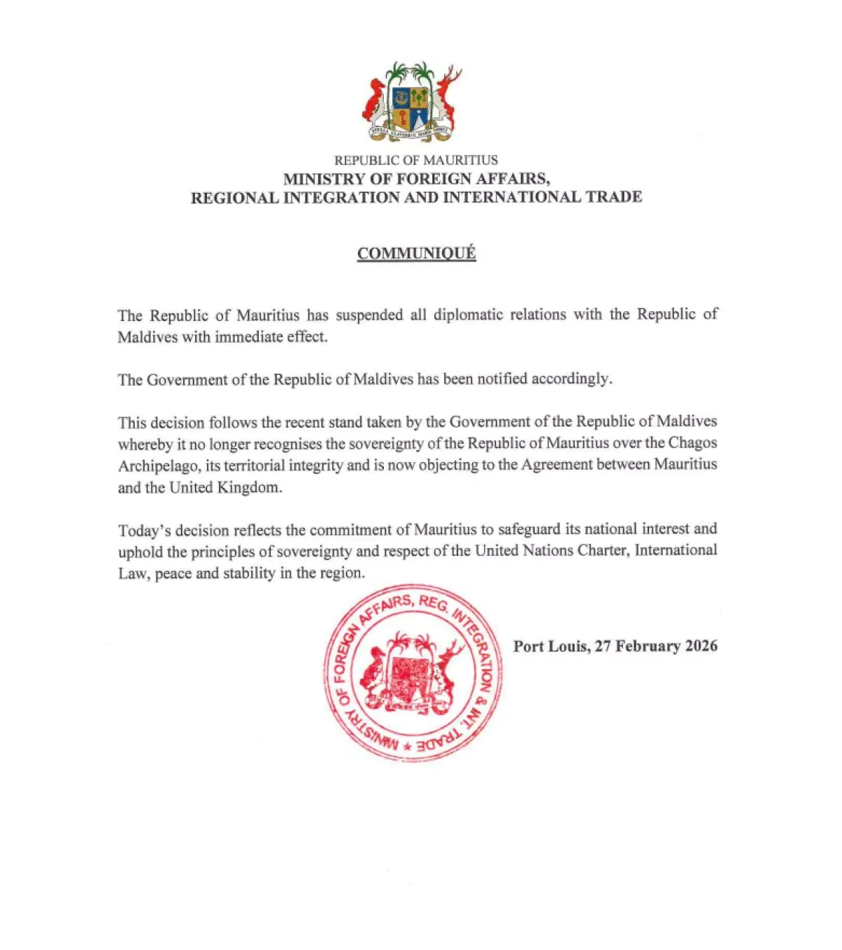 Chagos dispute triggers Mauritius to suspend relations with Maldives