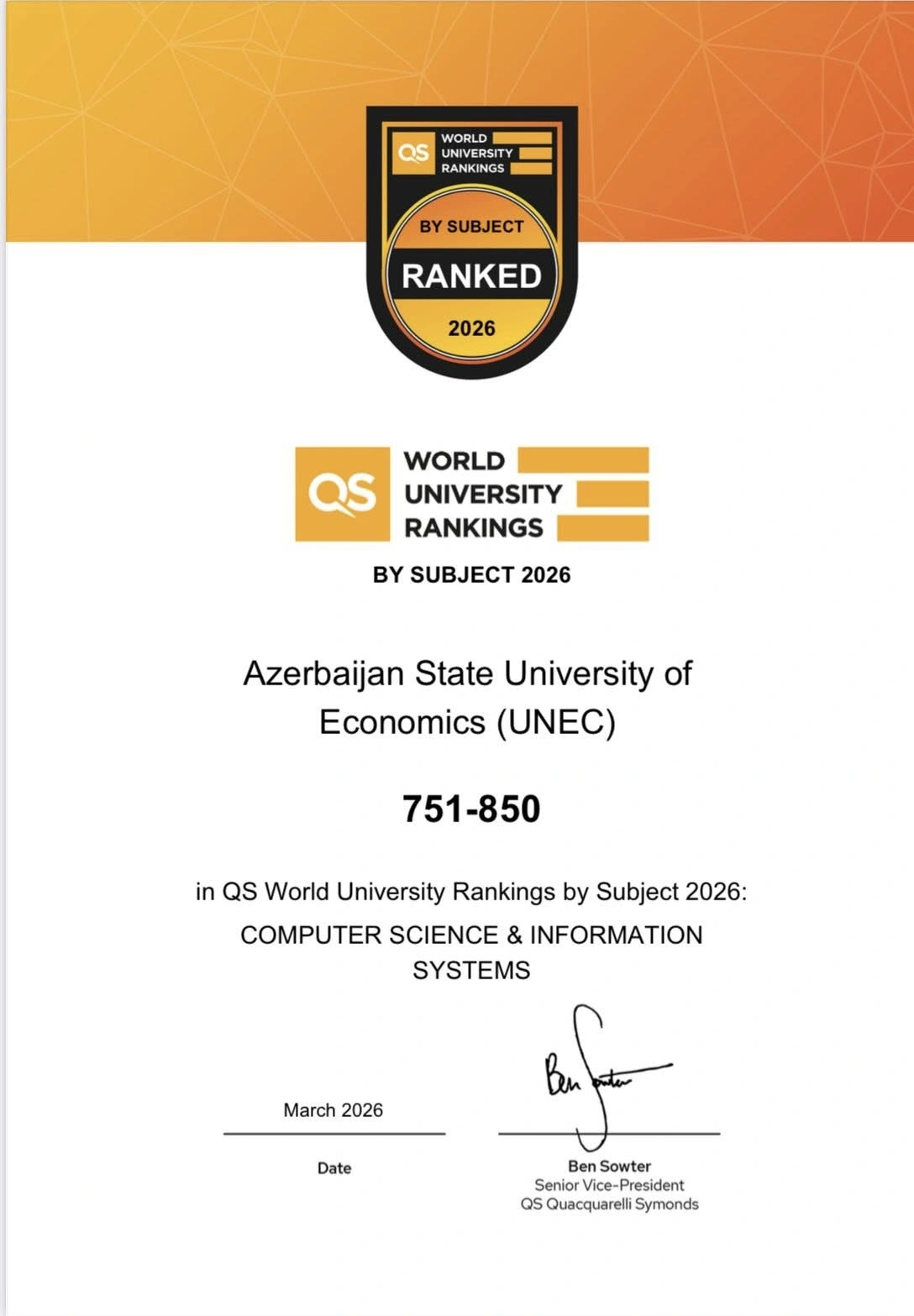 UNEC rises to 250th place globally in Economics (PHOTO)