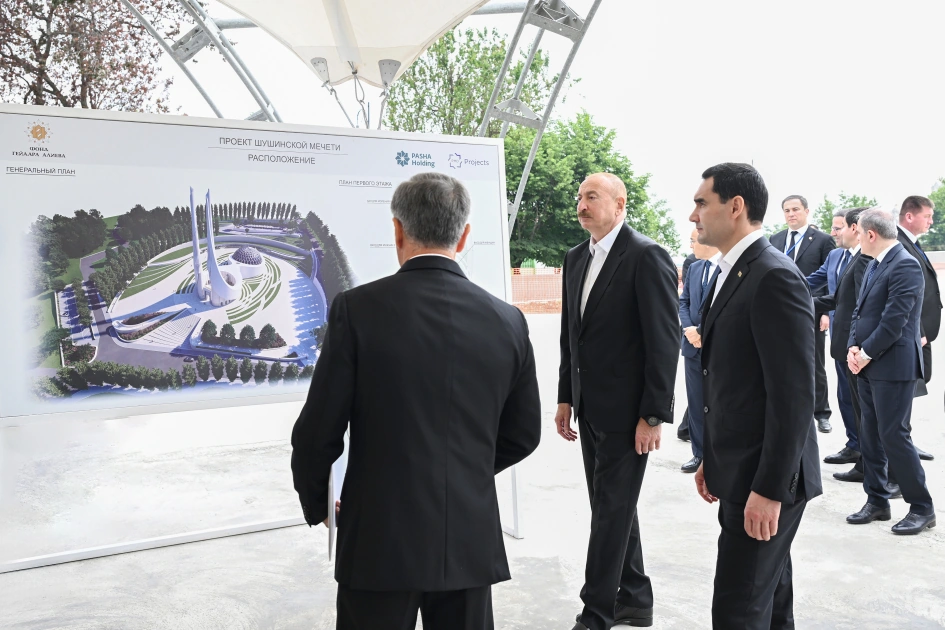 President Ilham Aliyev and President Serdar Berdimuhamedov review progress of construction work at Shusha Mosque (PHOTO)