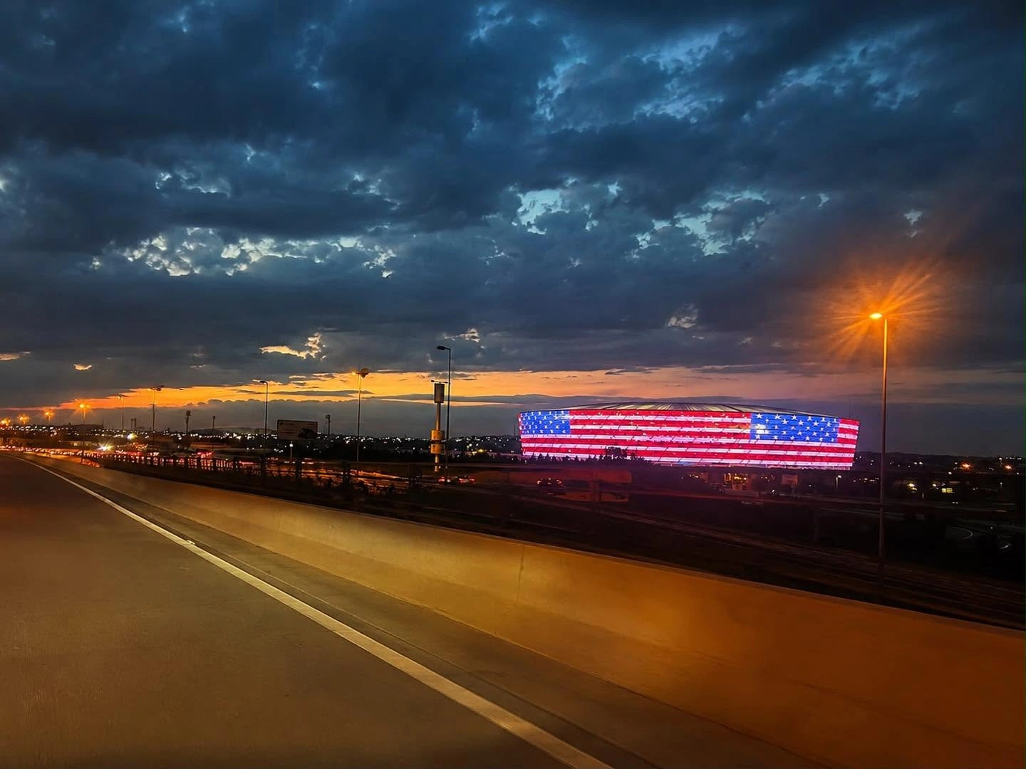 U.S. flag colors illuminate Baku Olympic Stadium