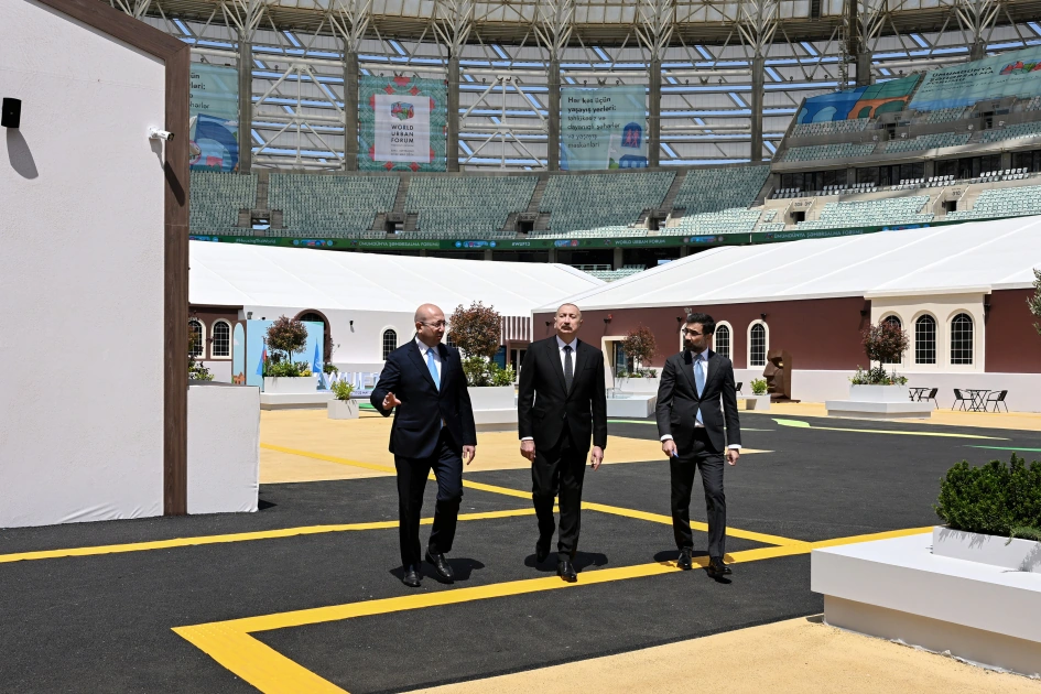 President Ilham Aliyev reviews work carried out in connection with WUF13 at Baku Olympic Stadium (PHOTO)
