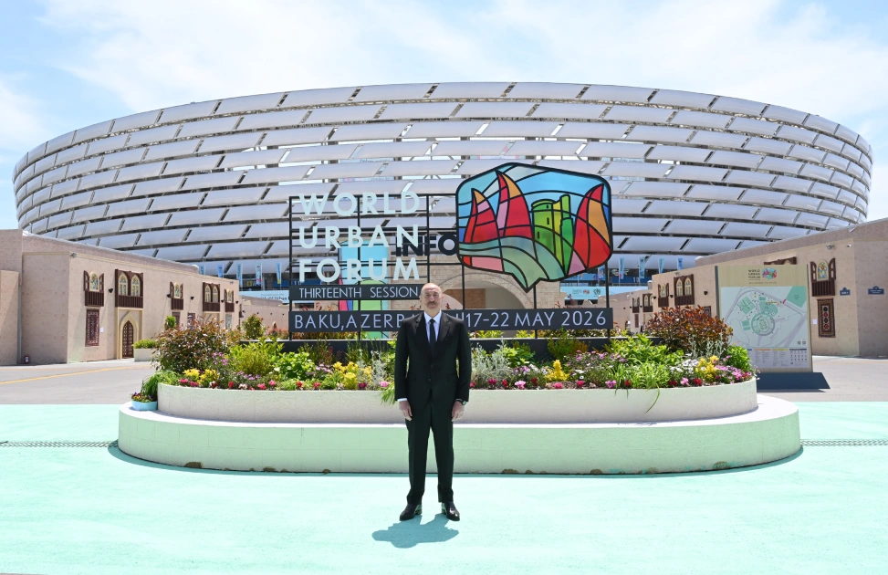 President Ilham Aliyev reviews work carried out in connection with WUF13 at Baku Olympic Stadium (PHOTO)