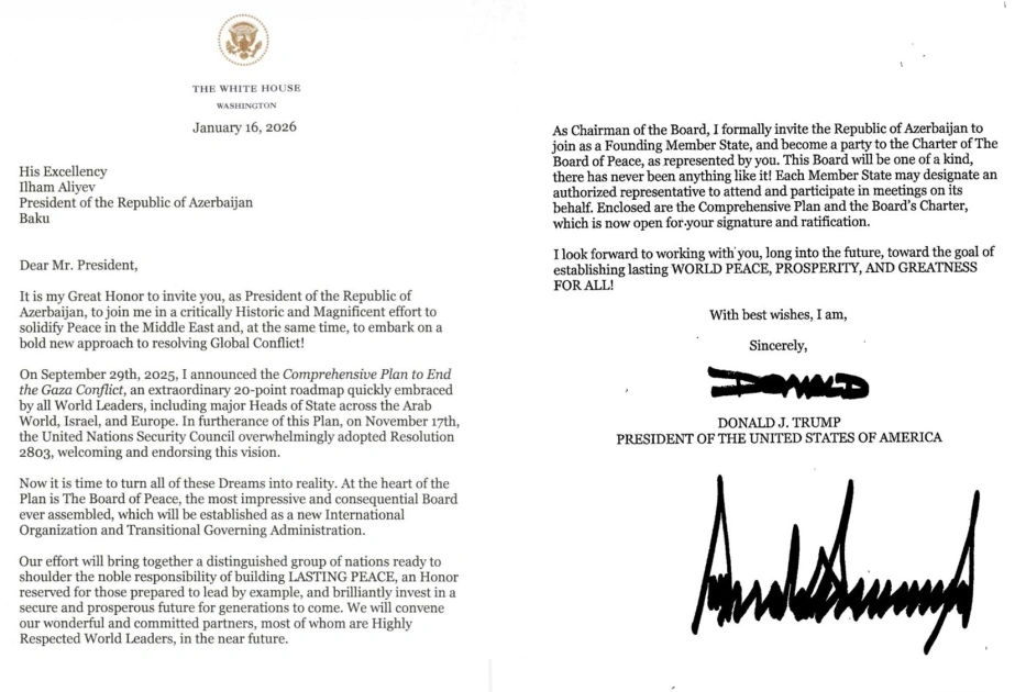 U.S. President invites Azerbaijan to join Board of Peace as founding member state