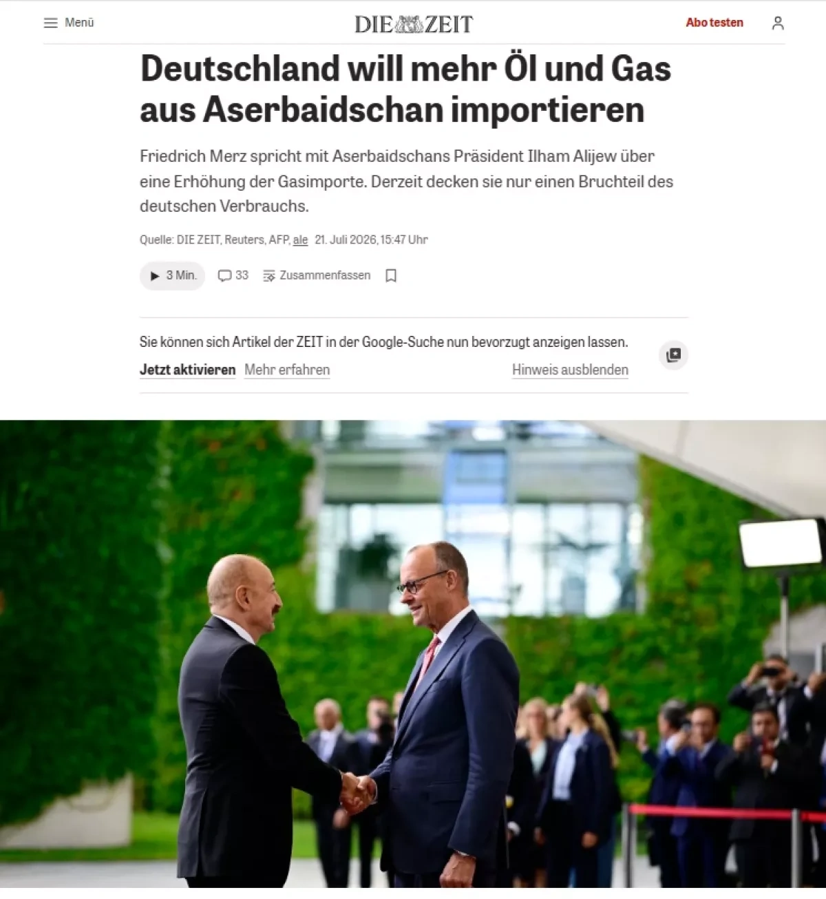 President Aliyev’s Berlin visit draws broad international media attention