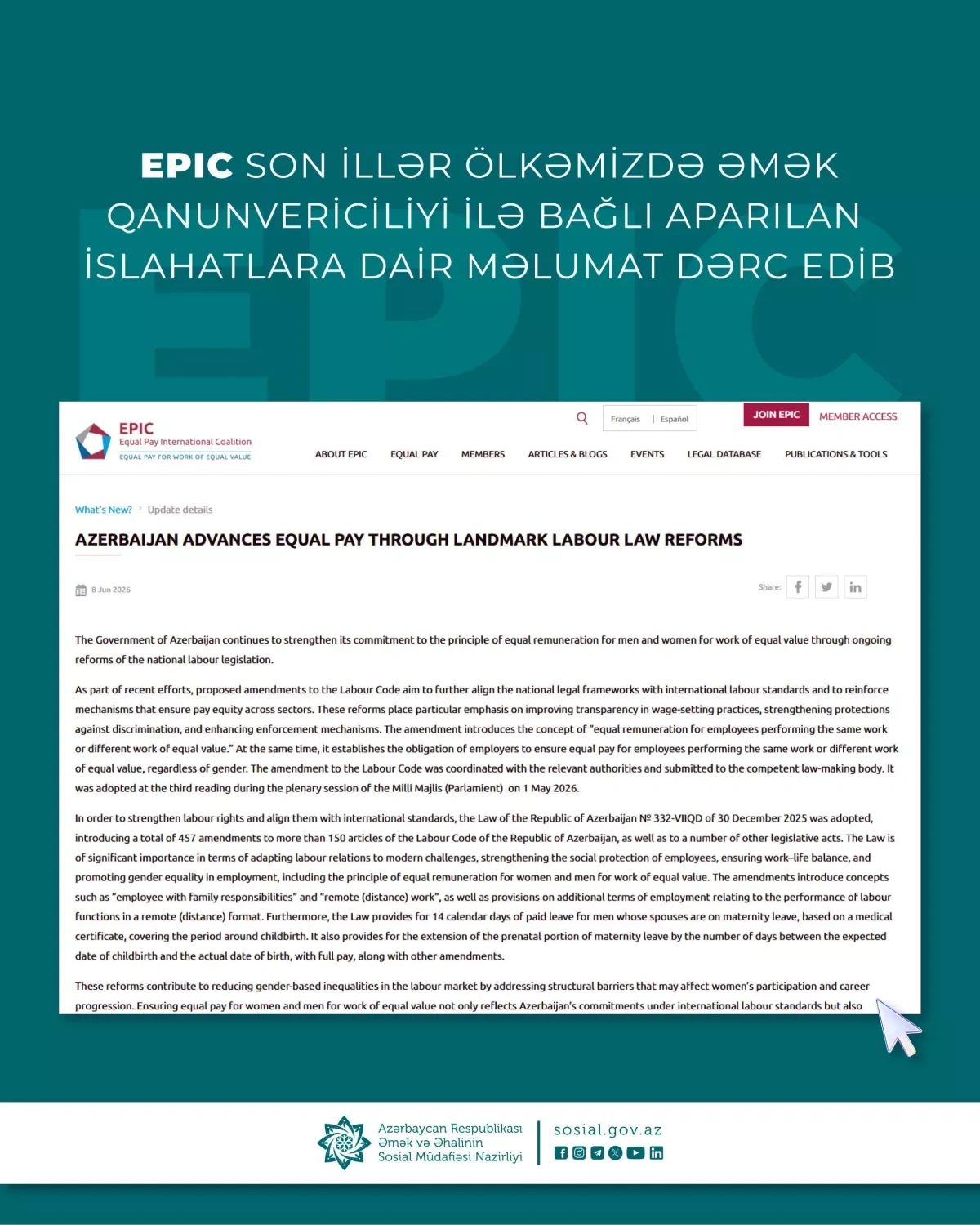 EPIC praises Azerbaijan for improving labour standards, narrowing gender disparities